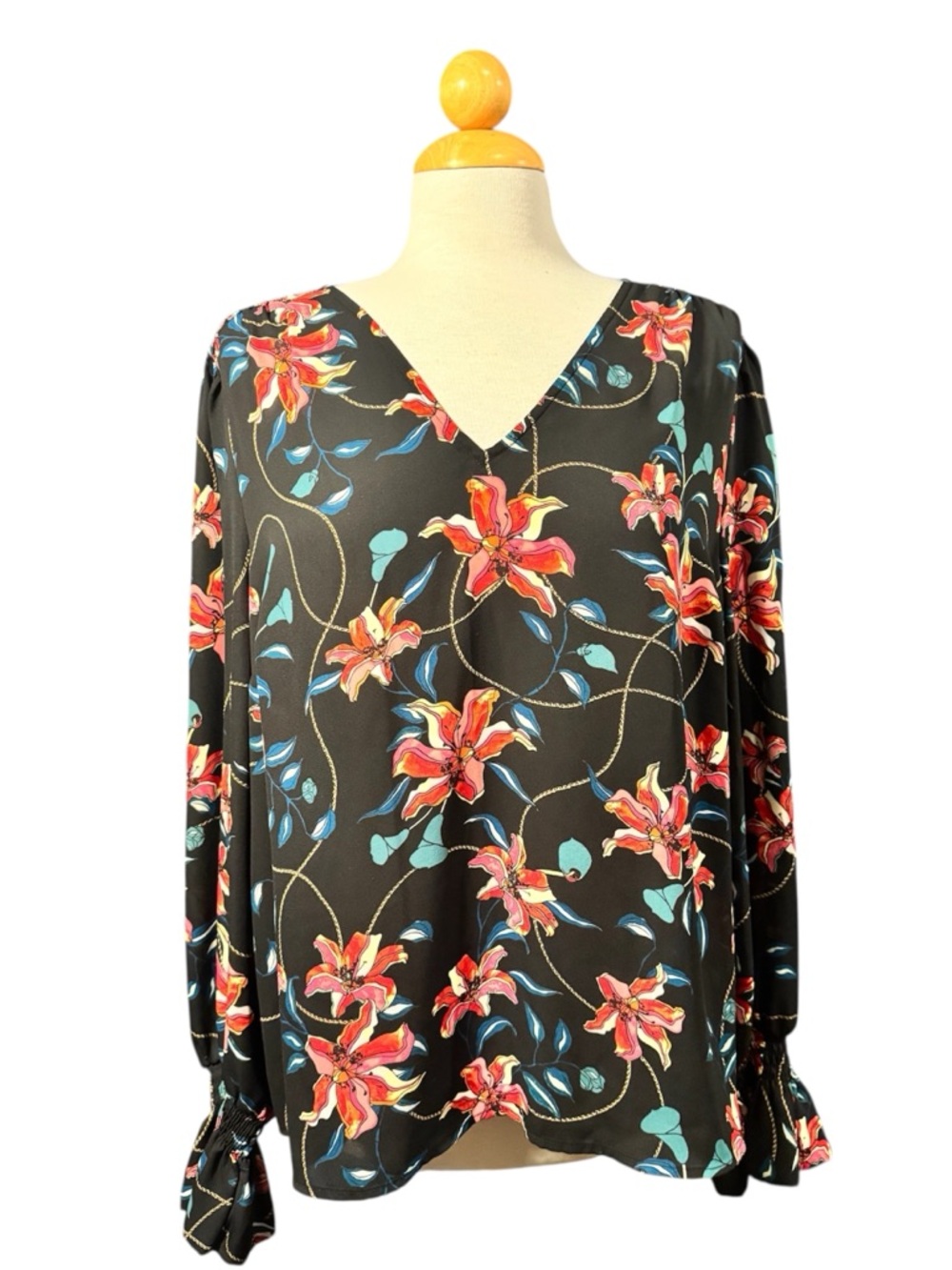 INC International Concepts Black V-Neck Blouse with Red Floral Print